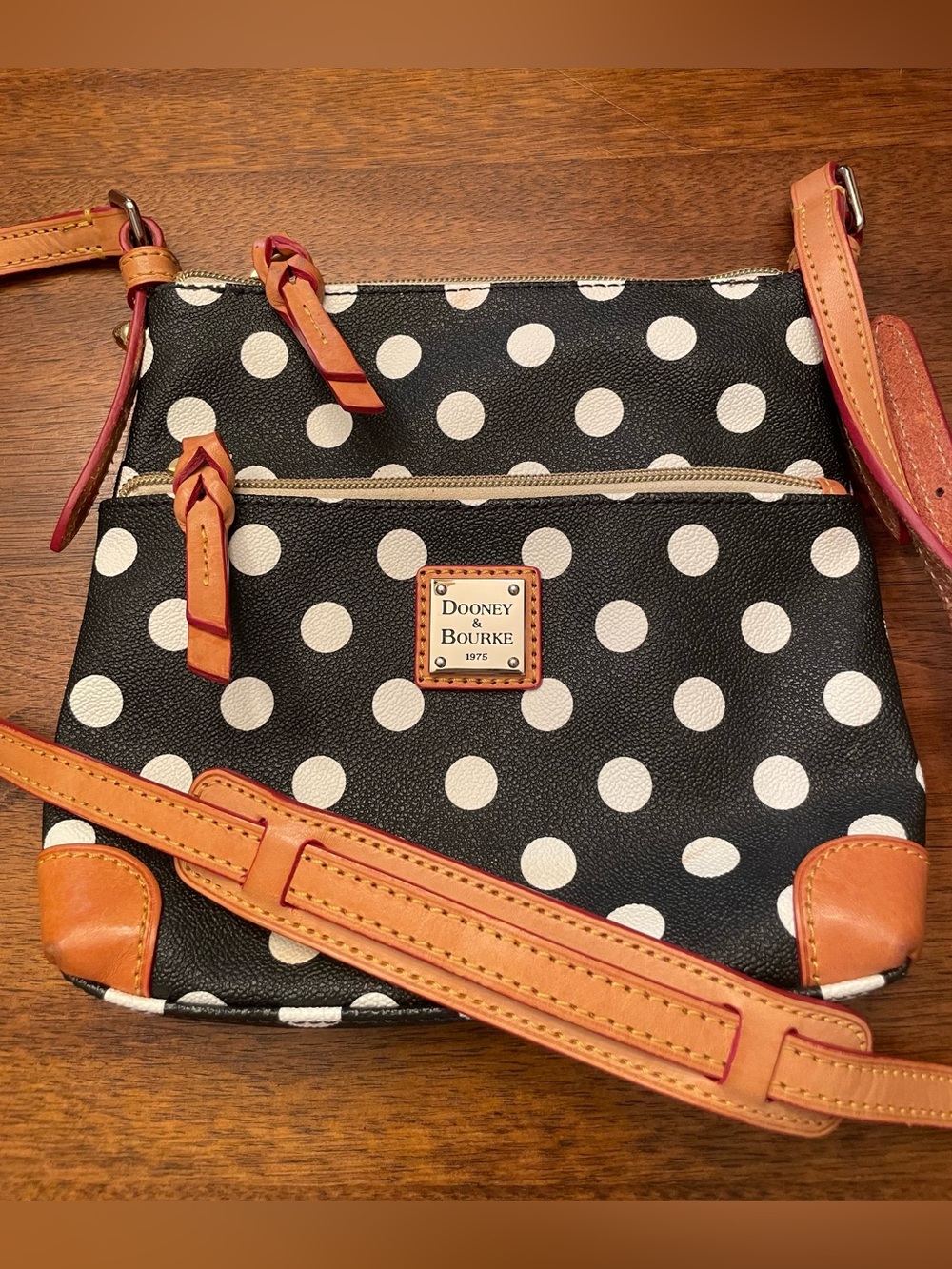 Dooney & Bourke Black and White Polka Dot Crossbody with Tan Trim